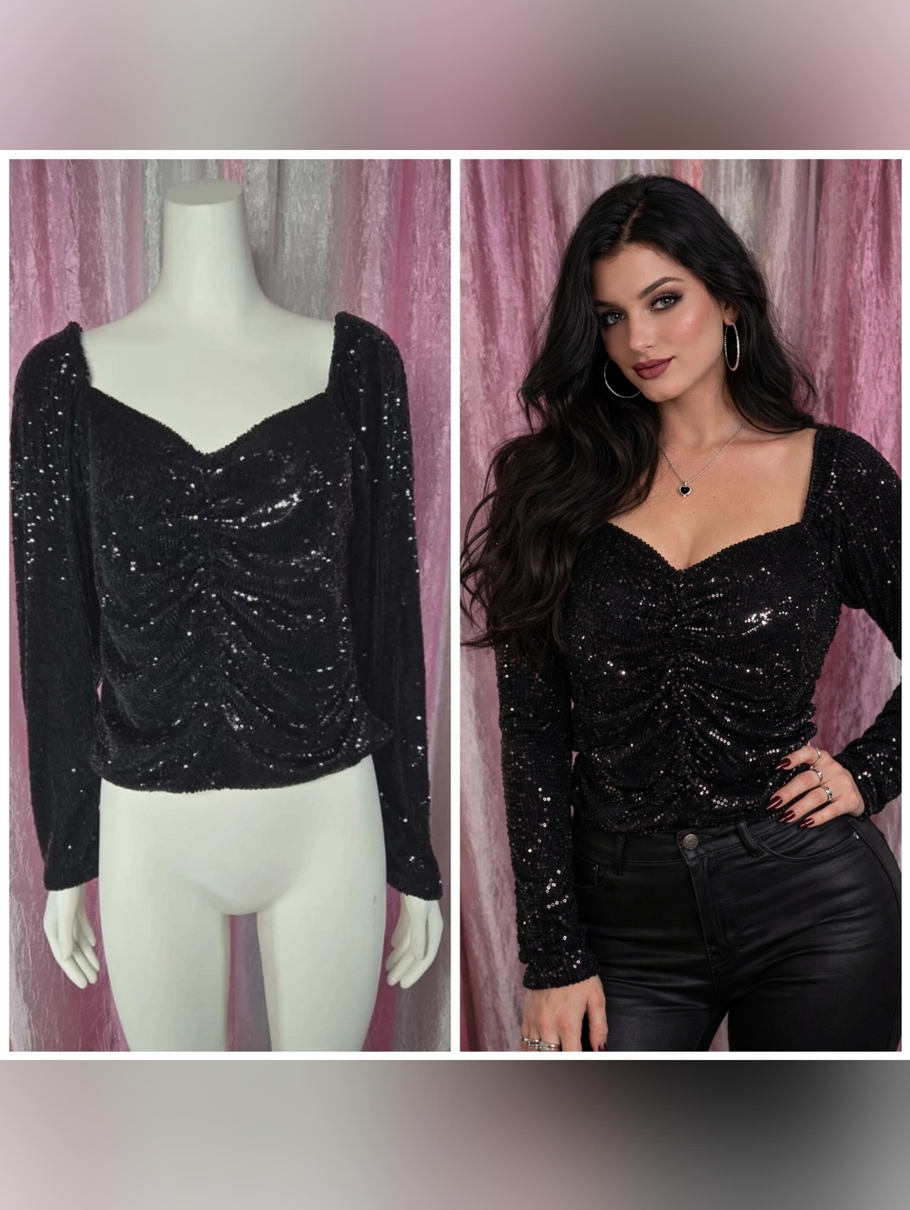 Express Black Sequin Rouched Stretch Evening Blouse Size Large